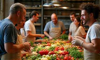 Laughing friends cooking at a community table