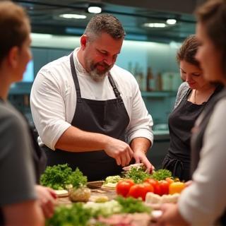 Live cooking class with chef and home cooks
